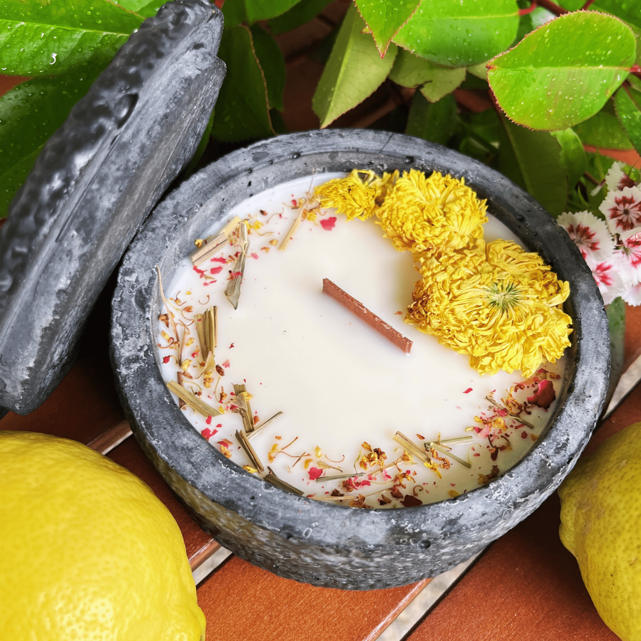 Black Edition HANDGEMACHTE Citronella BETONKERZE - Stilvolle Sojawachskerze für Ihr Zuhause. Outdoor Kerze mit Blütenverzierung und HOCHWERTIGEM Holzdocht aus dem Südschwarzwald - Ignara Living