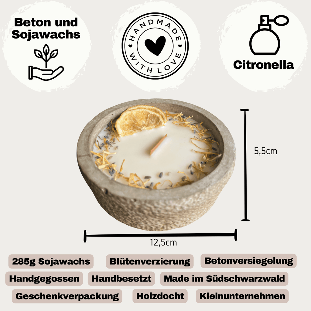 Black Edition HANDGEMACHTE Citronella BETONKERZE - Stilvolle Sojawachskerze für Ihr Zuhause. Outdoor Kerze mit Blütenverzierung und HOCHWERTIGEM Holzdocht aus dem Südschwarzwald - Ignara Living