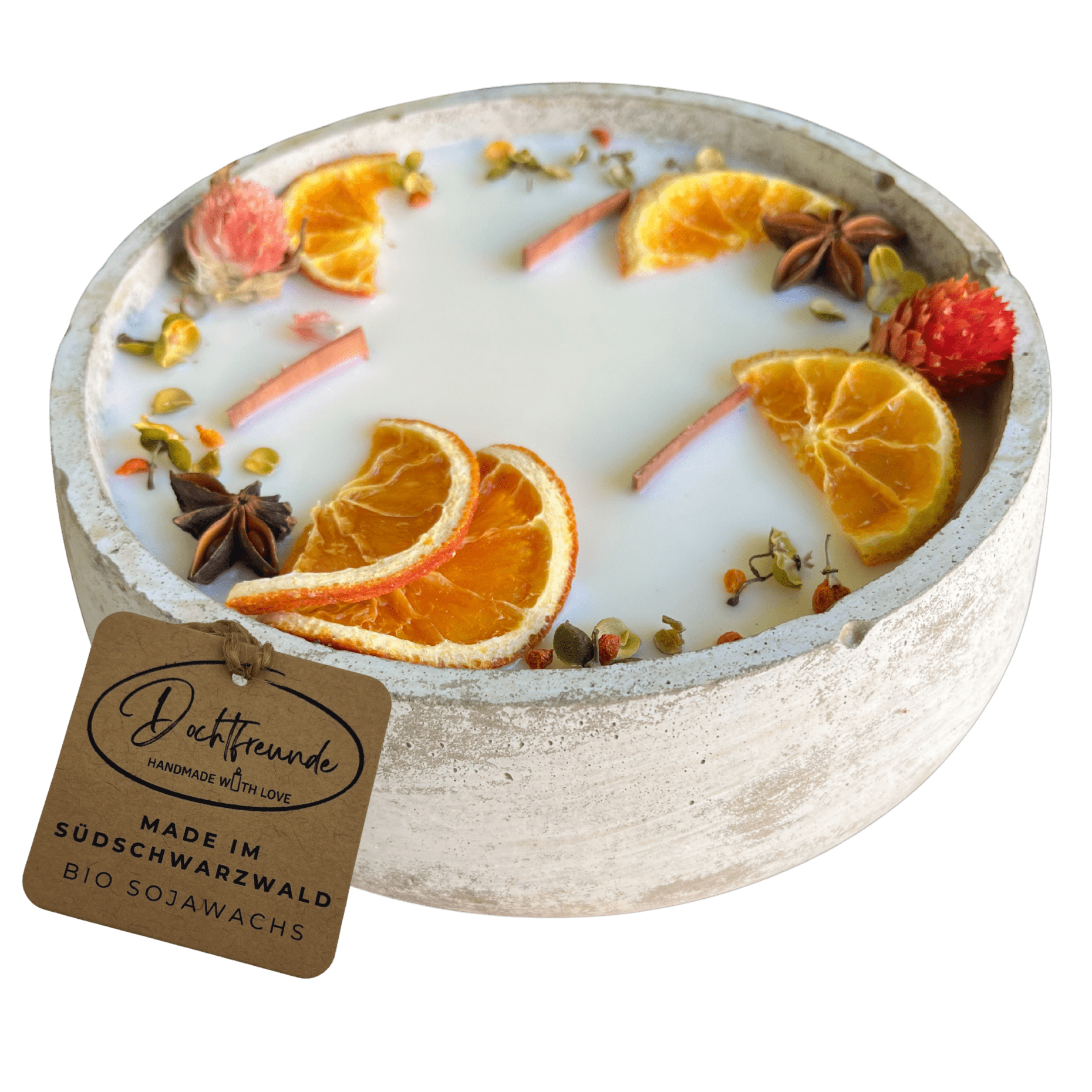 Große Outdoor Citronella - Betonkerze „Big Grey - Mugge Schreck“ – Mit drei Holdochten - Handgemachter Insektenschutz aus dem Südschwarzwald mit Blütenverzierung - Ignara Living