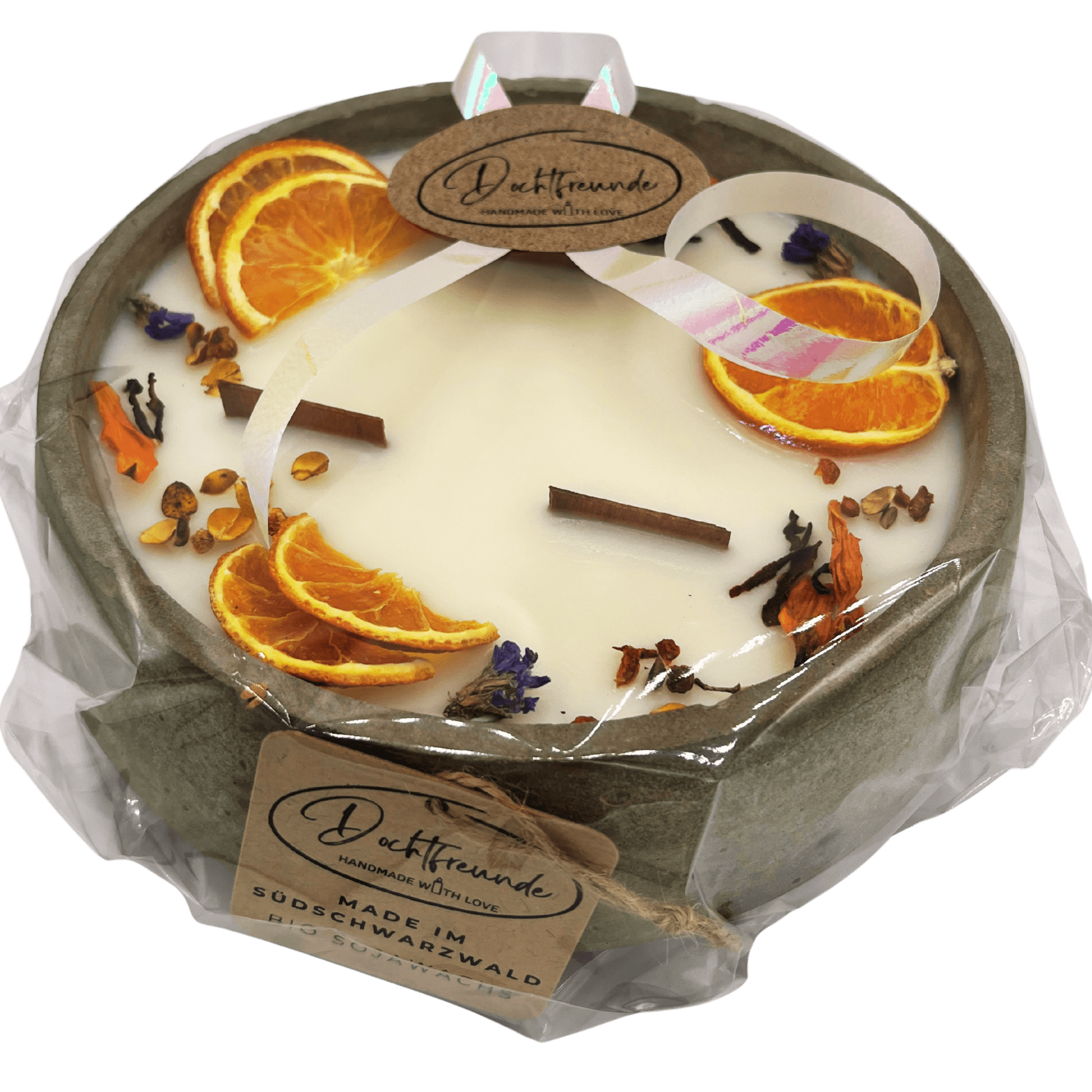 Handbesetze XXL Outdoor Citronella - Betonkerze „Big Grey - Mugge Schreck“ – Mit drei Holdochten - Handgemachter Insektenschutz aus dem Südschwarzwald mit Blütenverzierung - Ignara Living