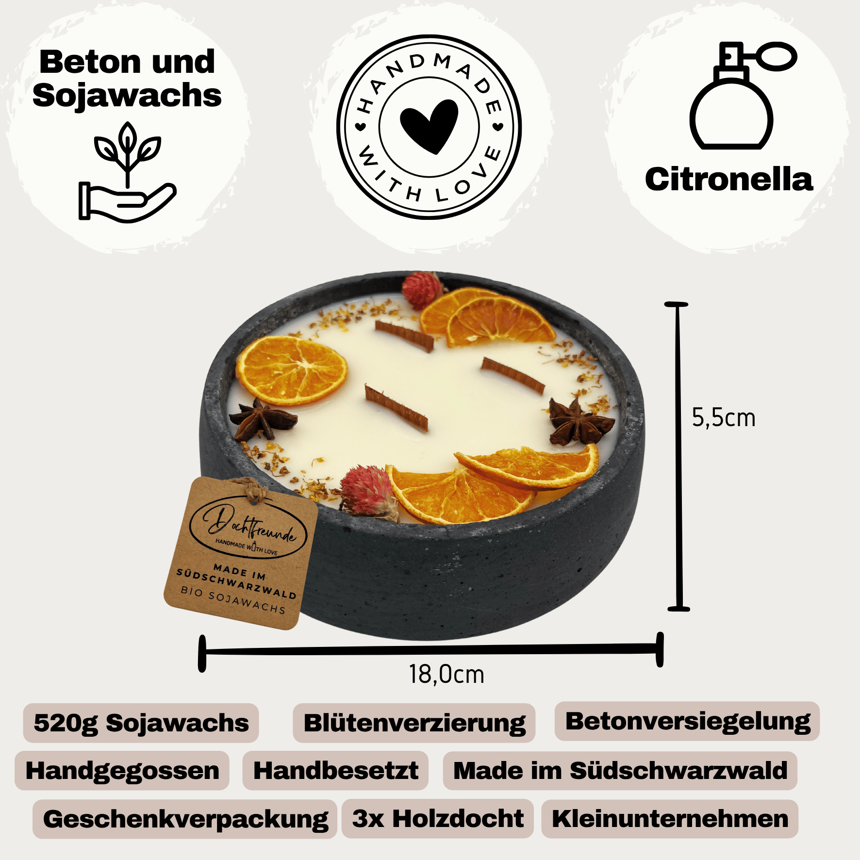 Handbesetze XXL Outdoor Citronella - Betonkerze Black Edition „Big Black - Mugge Schreck“ – Mit drei Holdochten - Handgemachter Insektenschutz aus dem Südschwarzwald mit Blütenverzierung - Ignara Living