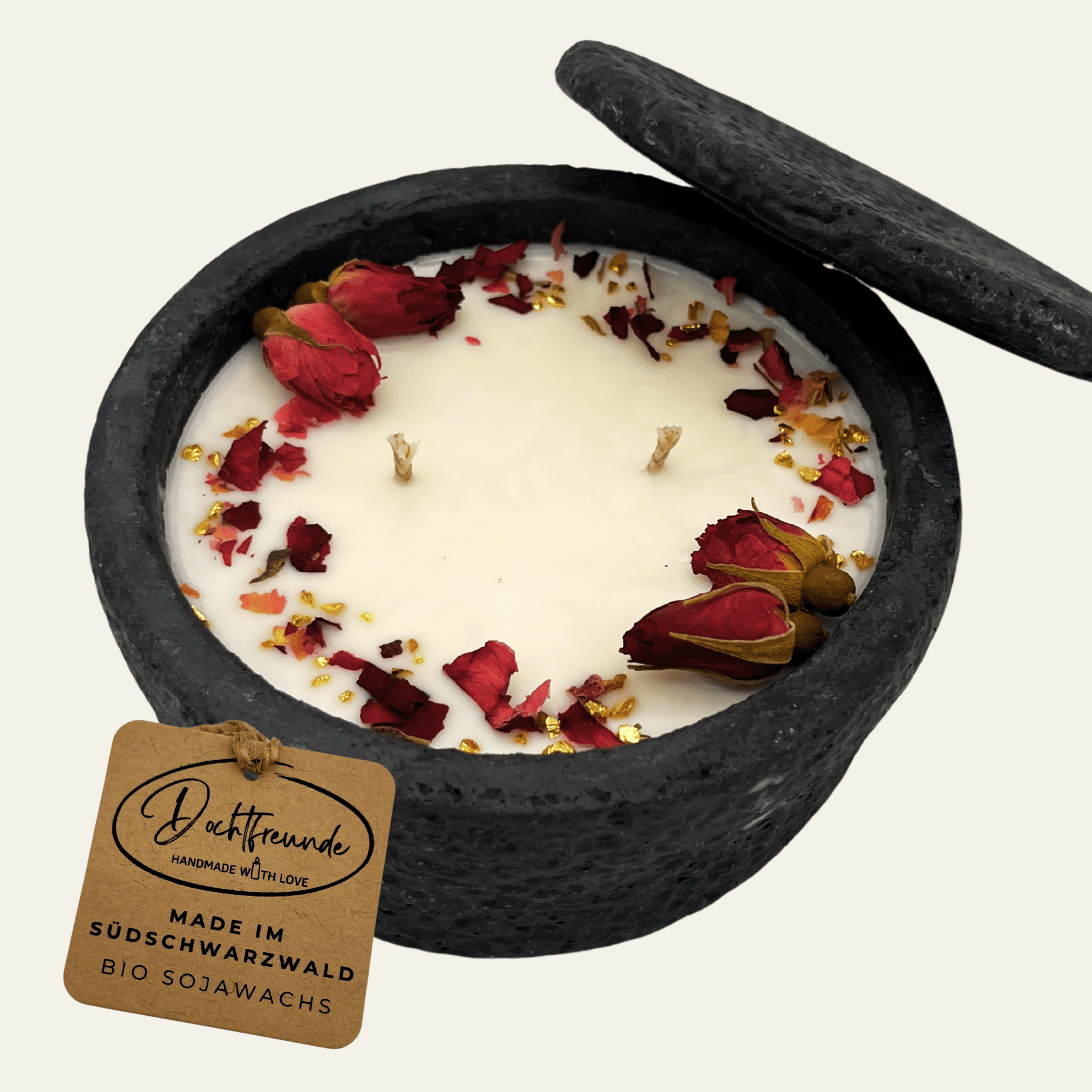 Handgemachte Betonkerze „Black Roses“ Aromakerze - Stilvolle Sojawachskerze für Ihr Zuhause. Mit Blütenverzierung und HOCHWERTIGEM Baumwolldocht aus dem Südschwarzwald - Ignara Living