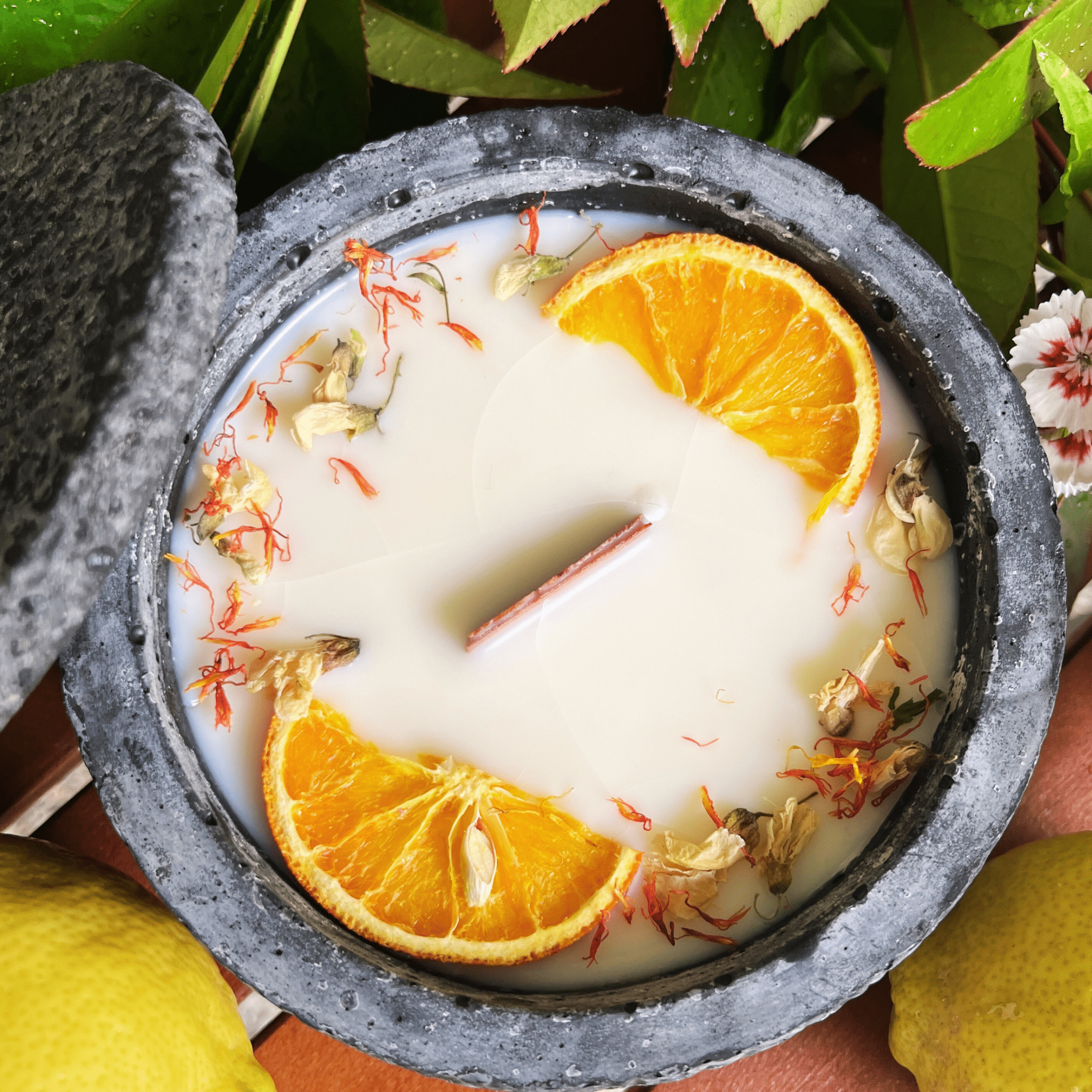 HANDGEMACHTE Citronella BETONKERZE Schwarz - Stilvolle Sojawachskerze für Ihr Zuhause. Outdoor Kerze mit Blütenverzierung und HOCHWERTIGEM Holzdocht aus dem Südschwarzwald - Ignara Living