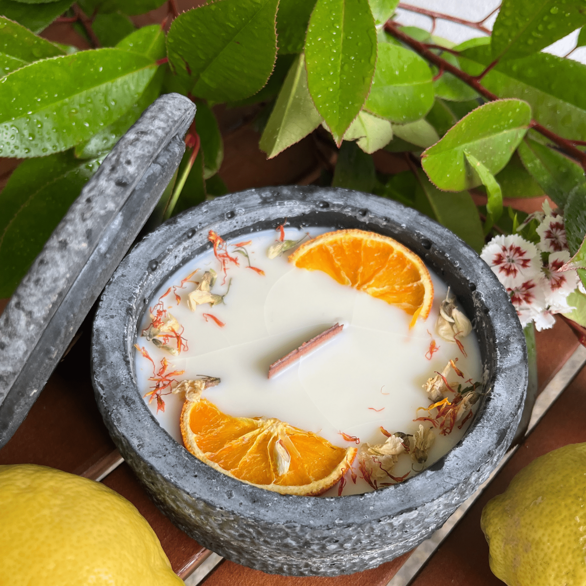 HANDGEMACHTE Citronella BETONKERZE Schwarz - Stilvolle Sojawachskerze für Ihr Zuhause. Outdoor Kerze mit Blütenverzierung und HOCHWERTIGEM Holzdocht aus dem Südschwarzwald - Ignara Living