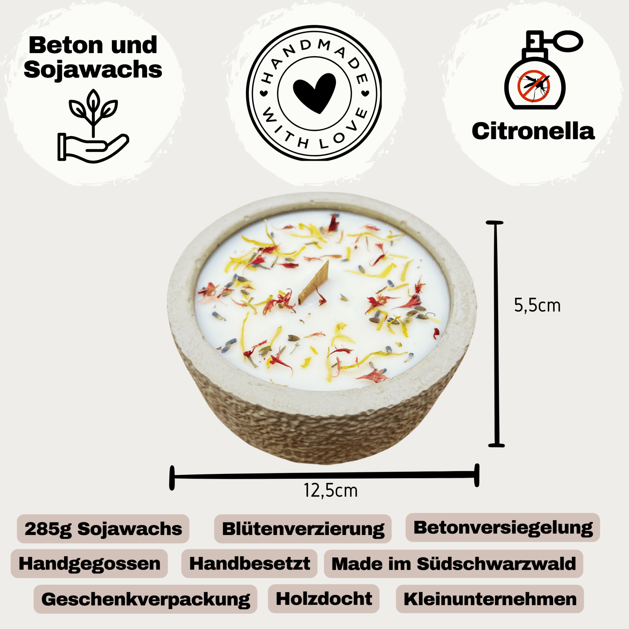 Limitierte Einzelstücke: Outdoor Citronella - Betonkerze „Mugge Schreck“ – Handgemachter Insektenschutz aus dem Südschwarzwald mit Blütenverzierung - Ignara Living