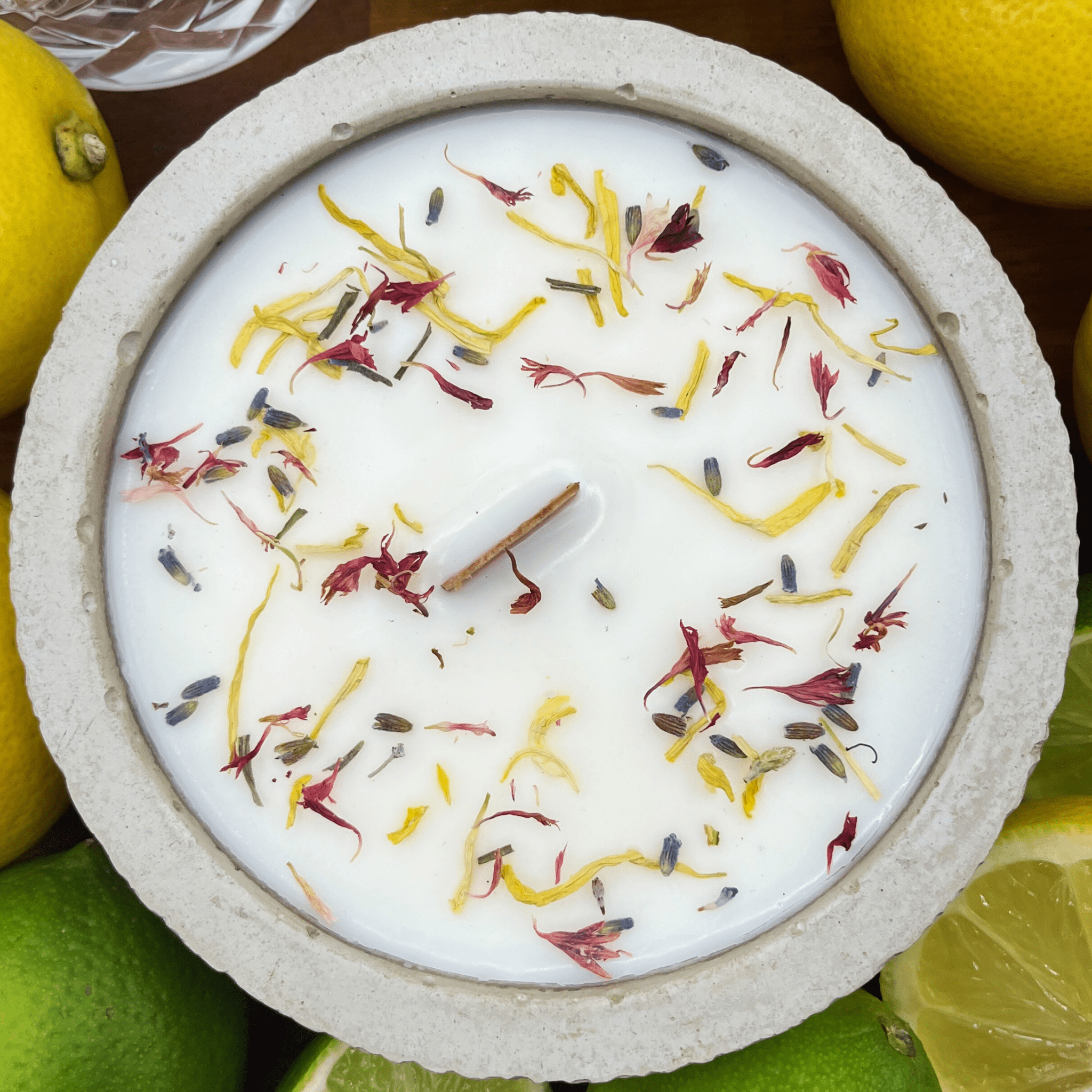 Outdoor Citronella - Betonkerze „Mugge Schreck“ – Handgemachter Insektenschutz aus dem Südschwarzwald mit Blütenverzierung - Ignara Living