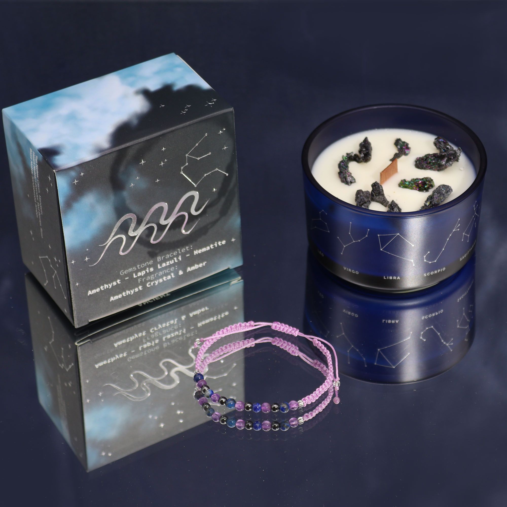 Zodiac Crystal Candle with Gemstone Bracelet - Aquarious - Ignara Living