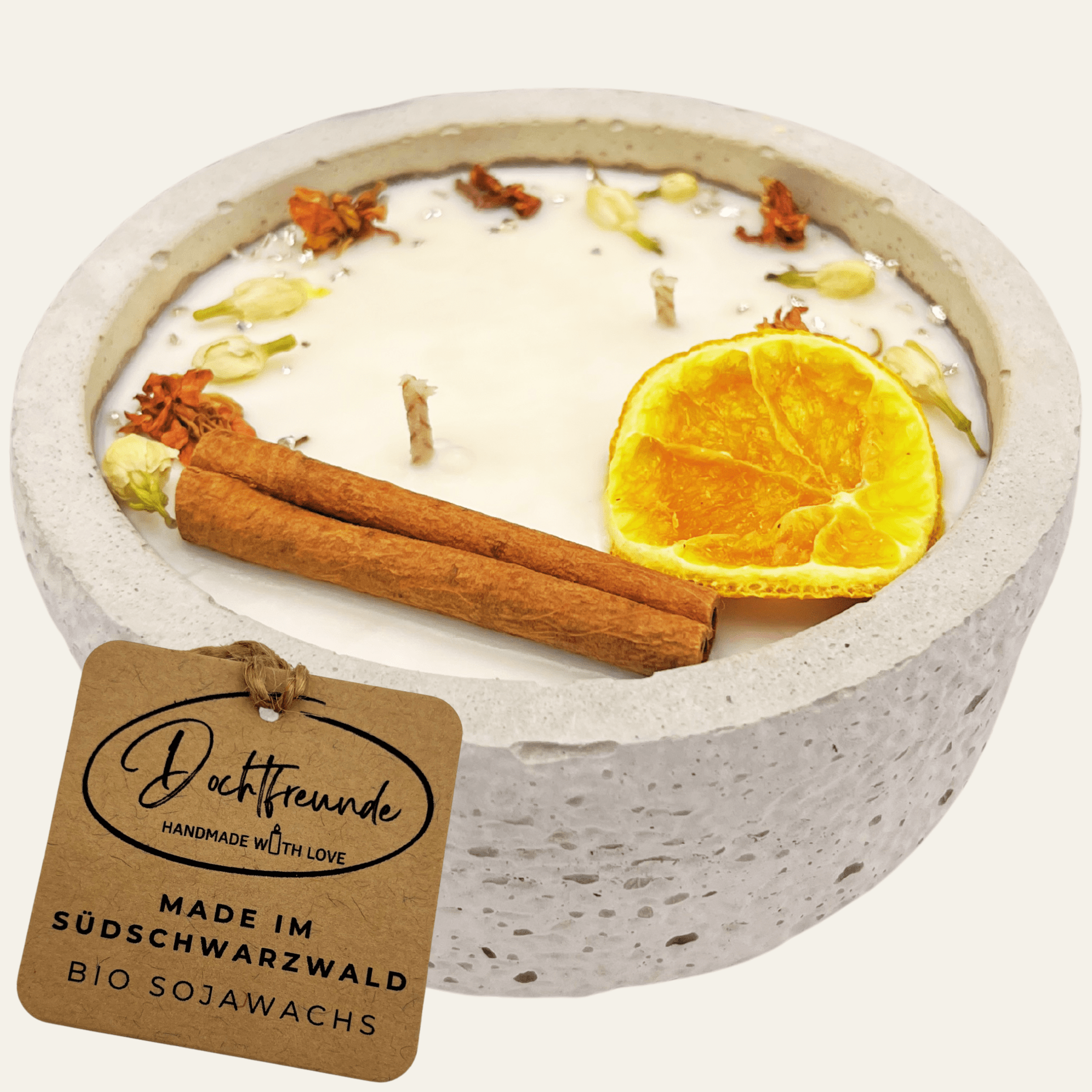 Zwei Docht Betonkerze Betongrau „Grey Orange“ für Herbst und Winter - Stilvolle Aroma Sojawachskerze für Ihr Zuhause. Mit Blütenverzierung und HOCHWERTIGEM Baumwolldocht aus dem Südschwarzwald - Ignara Living